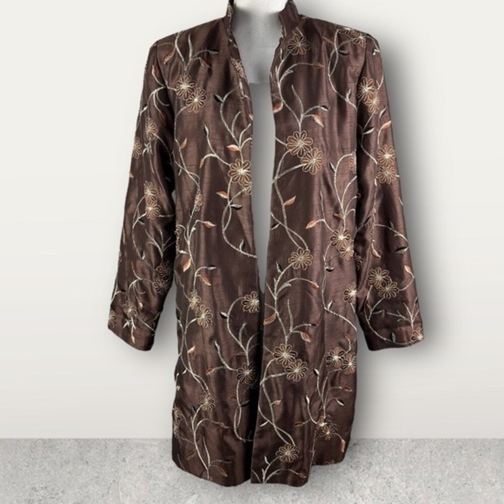 Vintage Victor Costa Shiny Brown Floral Duster Jacket Medium Open Front